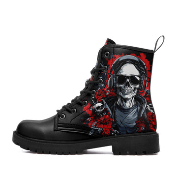 Music Skull with Headphones & Paint Splatter Combat Boots - DJ Streetwear Shoes BOOTS-240270010