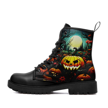 Haunted Pumpkin Patch & Full Moon Combat Boots - Spooky Jack-o'-Lantern Shoes BOOTS-24023002-2