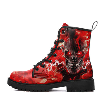 Red Hellfire Demon Skull Combat Boots - Fire & Lightning Graphic Shoes BOOTS-240270013