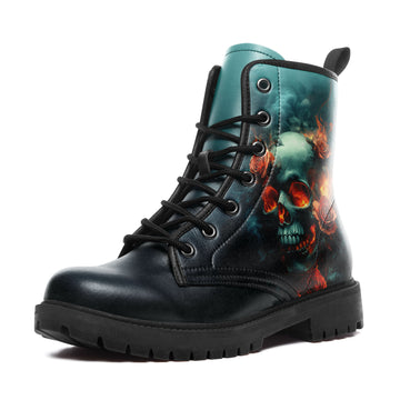 Teal Smoke & Flaming Skull Combat Boots - Fire Rose Dark Fantasy Shoes 058-6-25009073-5