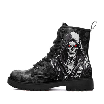 Hooded Skeleton Assassin Combat Boots - Glowing Red Eyes Reaper Shoes BOOTS-240270012