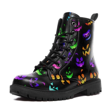 Neon Rainbow Jack-o'-Lantern Faces Combat Boots - Colorful Halloween Shoes 058-6-25009051-4
