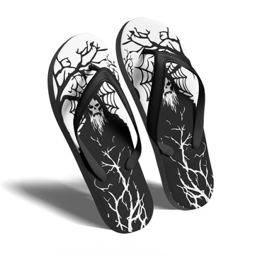 Toponepod Haunted Forest Skull Flip Flops | Black & White Grim Sandals with Spooky Tree and Demon Art | FN058-25023046-3
