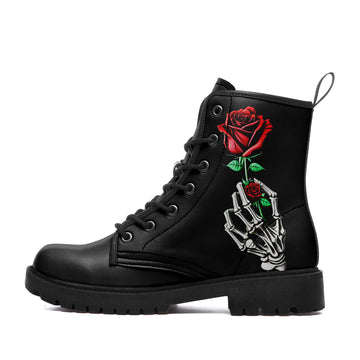 Single Red Rose & Skeleton Hand Combat Boots - Minimalist Gothic Shoes BOOTS-24023001-2