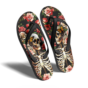Toponepod Vintage Skeleton Rose Flip Flops | Custom Gothic Skull & Butterfly Sandals with Floral Art for Men & Women | FN058-25023046-8