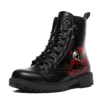 Gothic Red Eyed Raven on Skull Combat Boots - Dark Rose Crow Shoes 058-6-25009073-8