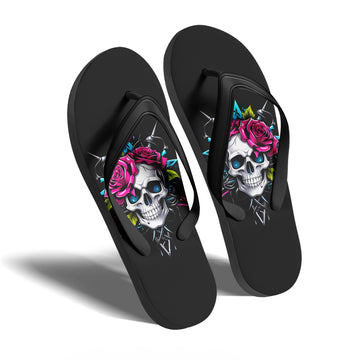 Toponepod Gothic Skull Rose Flip Flops | Custom Black Sandals with Dark Floral Skull Art for Men & Women
