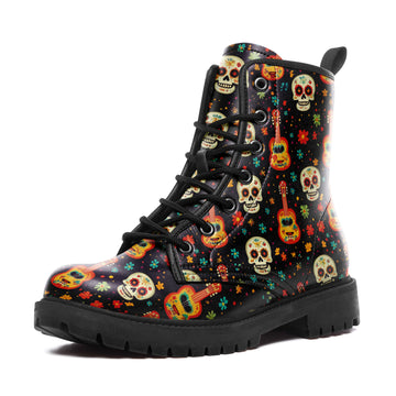 Sugar Skull & Acoustic Guitar Pattern Combat Boots - Mexican Mariachi Music Shoes 058-6-25009040-3