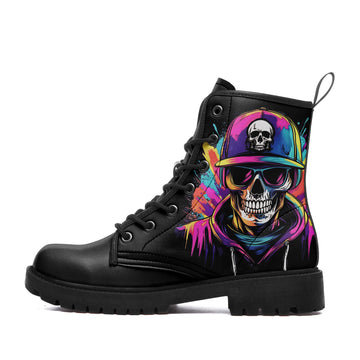 Graffiti Skull with Cap & Sunglasses Combat Boots - Urban Paint Splatter Shoes BOOTS-24027009