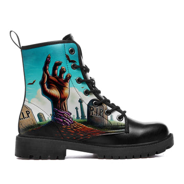Zombie Hand Rising from Grave Combat Boots - R.I.P. Tombstone Blue Sky Shoes BOOTS-24025002-9