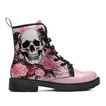 Pastel Pink Skull & Roses Combat Boots - Raven & Floral Goth Shoes BOOTS-24025002-8