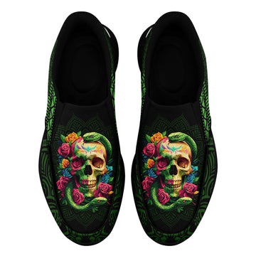 Toponepod Floral Skull Slip On Shoes | Green Gothic Snake art Alternative Fashion Sneakers for Cosplay, Halloween Gift | FN067-25028032-3