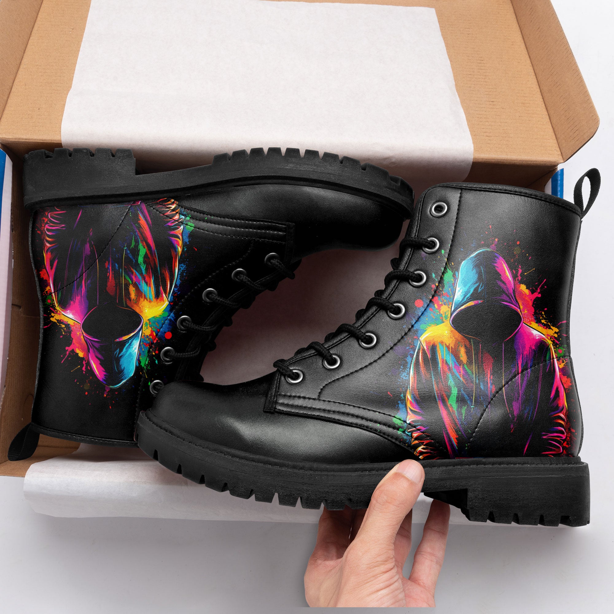 Neon Paint Splatter Hooded Silhouette Combat Boots - Anonymous Urban A