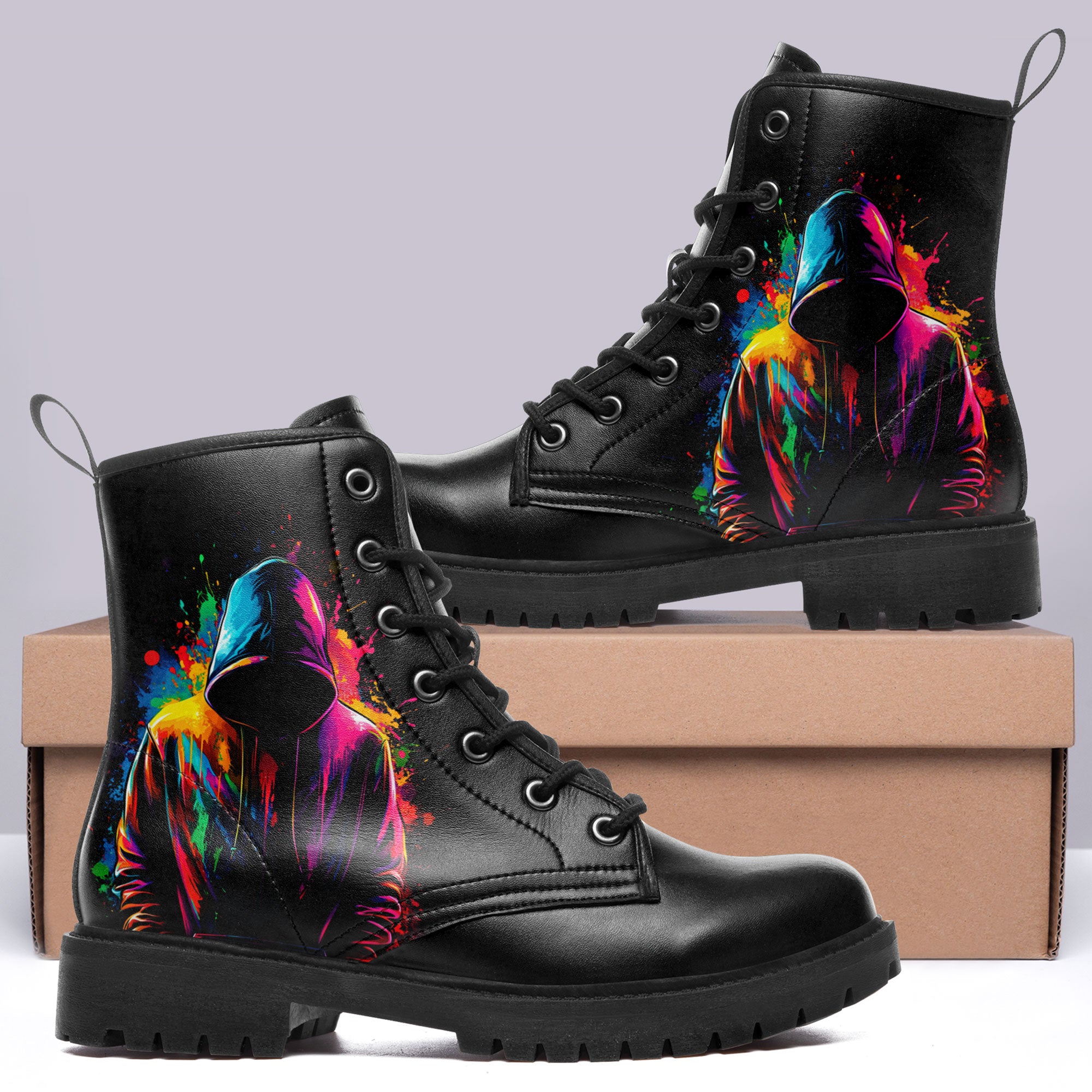 Neon Paint Splatter Hooded Silhouette Combat Boots - Anonymous Urban A