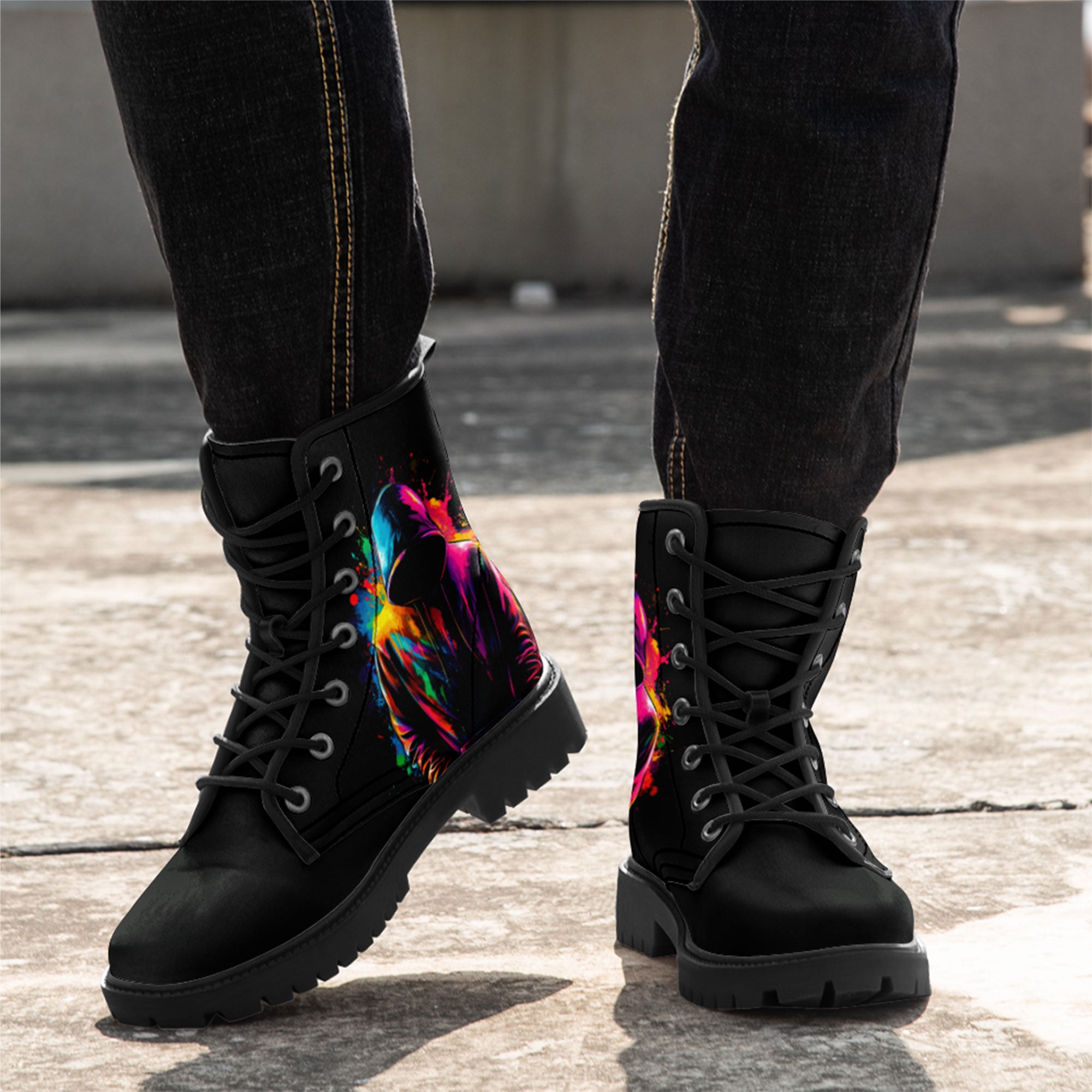 Neon Paint Splatter Hooded Silhouette Combat Boots - Anonymous Urban A