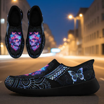 Toponepod  Skull Slip-On Shoes | Alternative Fashion Cosplay Halloween Gift | Black Gothic Neon Skull Butterfly Print Sneaker | FN067-25028032-1