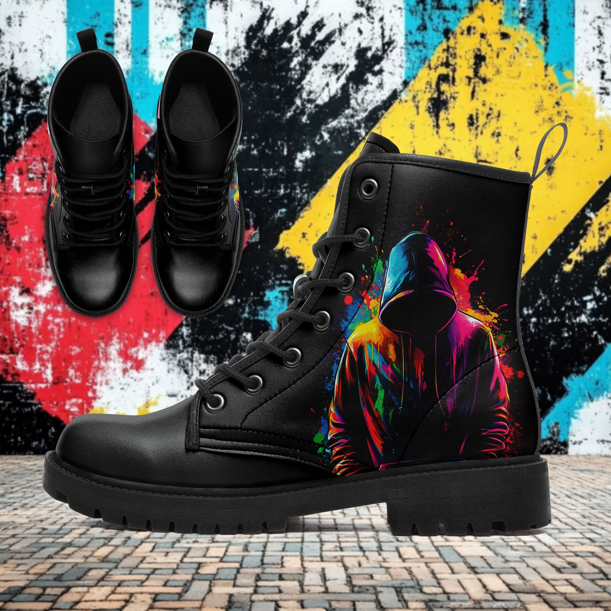靴 Anon Neon Paint Splatter Hooded Silhouette Combat Boots - Anonymous Urban A