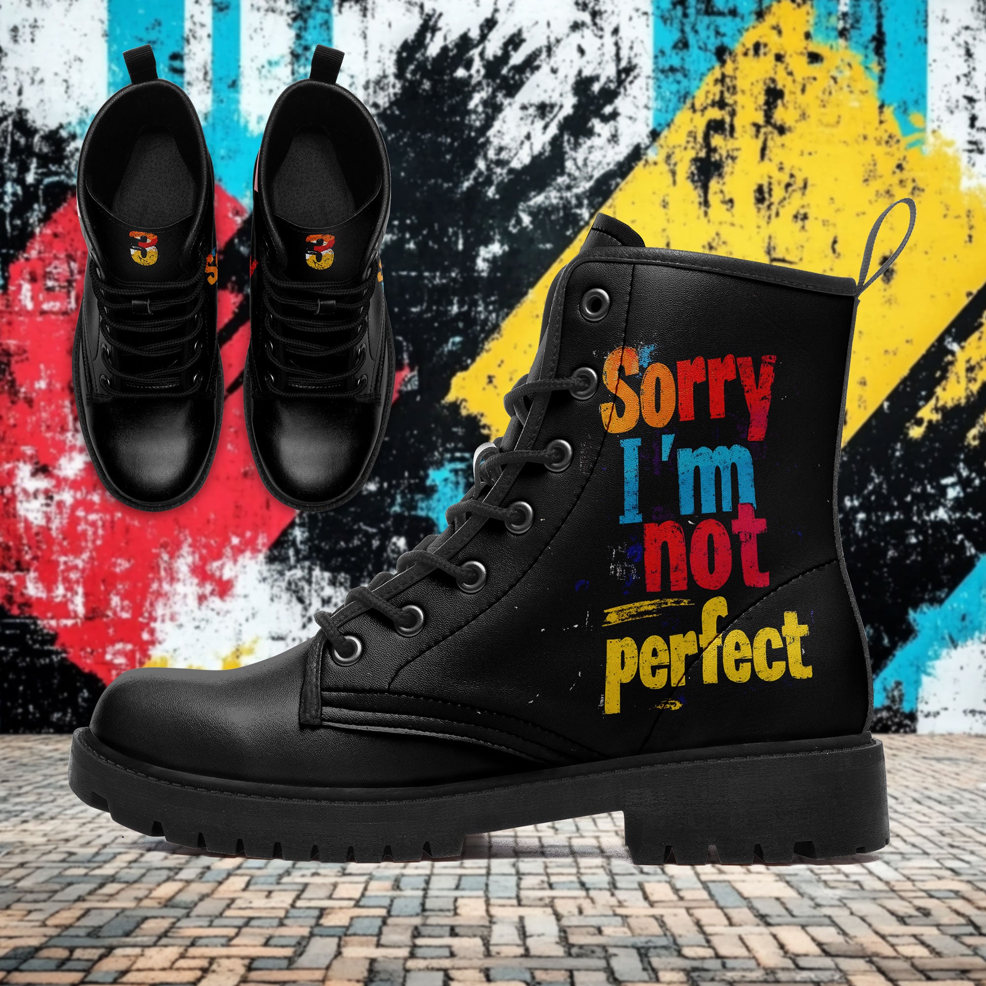 Sorry I'm Not Perfect Quote Combat Boots - Graffiti Slogan Shoes 058-6