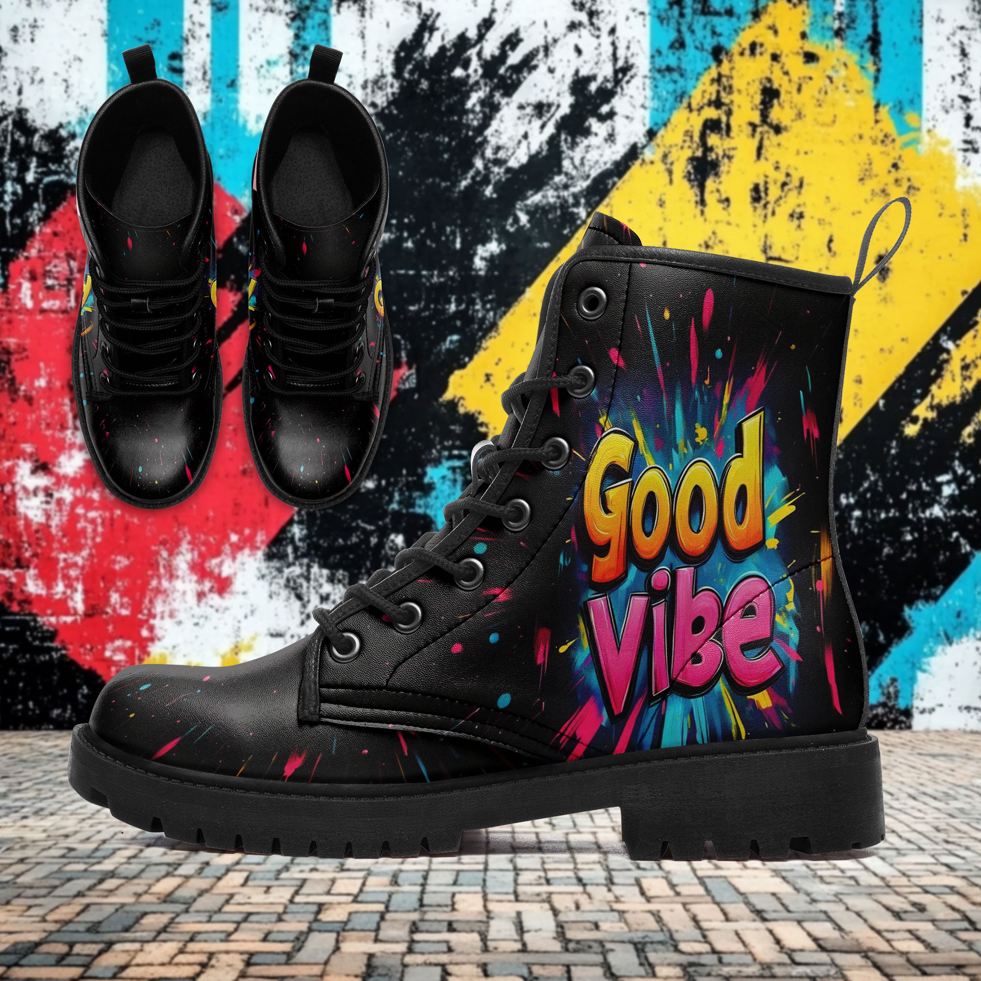 Good Vibe Graffiti Text Combat Boots - Colorful Neon Paint Splatter Sh