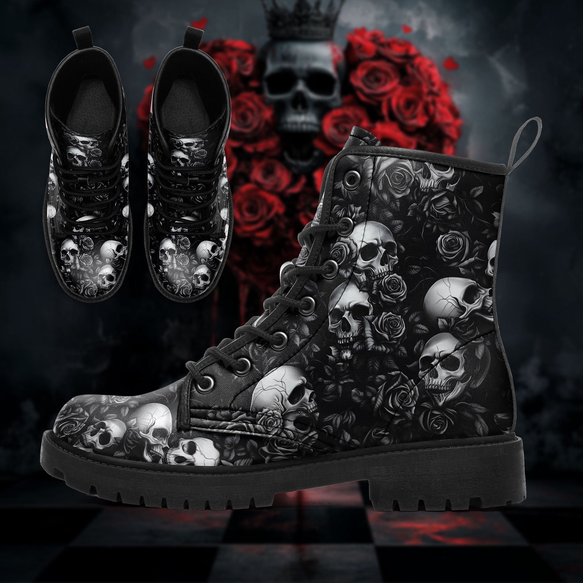 Black & White Skull and Roses All-Over Print Combat Boots - Monochrome