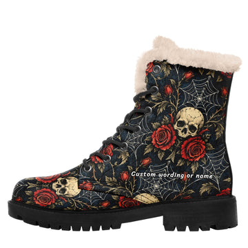 Custom Name Gothic Skull & Rose Winter Boots – Warm Faux Fur Lined Combat Boots for Women 058-1-26007221-001
