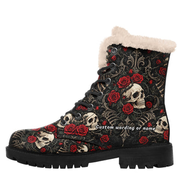 Custom Name Gothic Skull & Rose Winter Boots – Warm Faux Fur Lined Combat Boots for Women 058-1-26007221-002