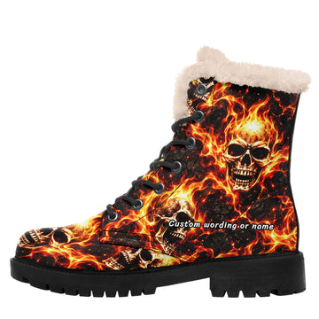Custom Name Flaming Skull Winter Boots – Warm Faux Fur Lined Fire Combat Boots for Women & Men 058-1-26007221-003