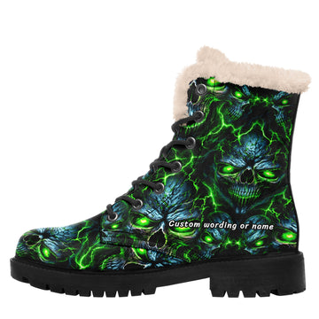 Custom Name Green Lightning Skull Winter Boots – Warm Faux Fur Lined Combat Boots for Women & Men 058-1-26007221-004
