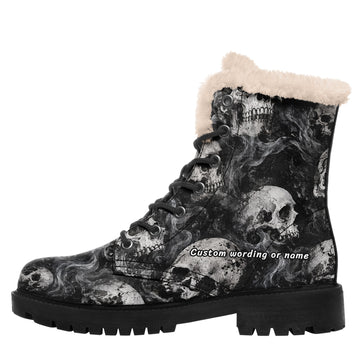 Custom Name Smoky Skull Winter Boots – Warm Faux Fur Lined Combat Boots for Women & Men 058-1-26007221-005