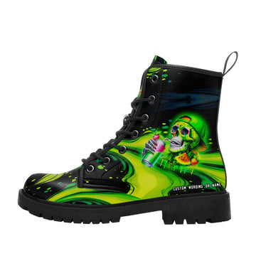 Neon Toxic Green Slime Combat Boots – Skater Skull Graffiti Lug Sole Ankle Boots - 058-6-26007179-001