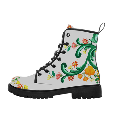 Custom Name Nordic Folk Floral Combat Boots – White Leather Flower Lace-Up Boots for Women 058-6-26007191-001