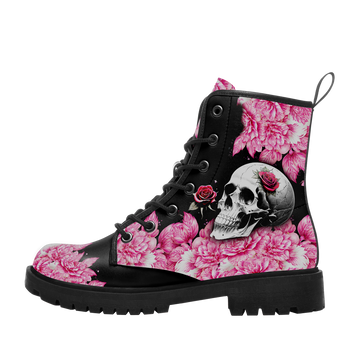Custom Name Pink Peony Skull Combat Boots – Floral Gothic Lace-Up Ankle Boots for Women 058-6-26007191-002