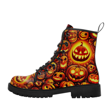 Custom Name Halloween Jack-O'-Lantern Combat Boots – Spooky Glowing Pumpkin Lace-Up Boots for Women & Men 058-6-26007191-003