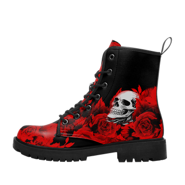 Custom Name Red Rose Skull Combat Boots – Crimson Floral Gothic Lace-Up Boots for Women & Men 058-6-26007191-004