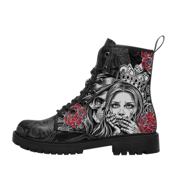 Custom Name Tattoo Queen & Skull Combat Boots – Chicano Rose Lace-Up Boots for Women & Men 058-6-26007191-005