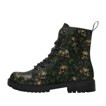 Custom Name Forest Ivy Skull Combat Boots – Dark Green Overgrown Vines Lace-Up Boots for Women & Men 058-6-26007197-001