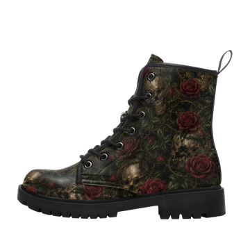 Custom Name Gothic Rose & Skull Combat Boots – Dark Crimson Floral Lace-Up Boots for Men & Women 058-6-26007197-003