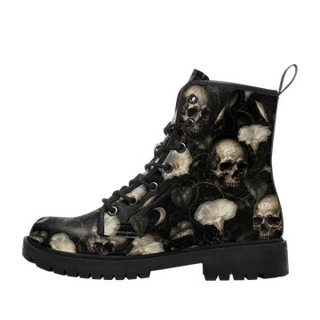 Custom Name Moonflower Skull Combat Boots – White Floral Botanical Lace-Up Boots for Women & Men 058-6-26007197-005