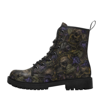 Custom Name Purple Nightshade Skull Combat Boots – Dark Floral Botanical Lace-Up Boots for Men & Women 058-6-26007197-006