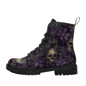 Custom Name Purple Clematis Skull Combat Boots – Dark Floral Botanical Lace-Up Boots for Women & Men 058-6-26007197-007