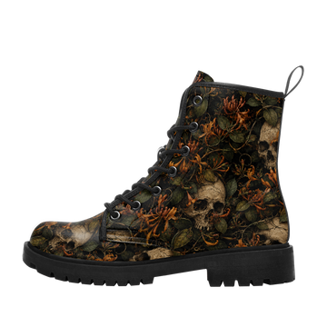 Custom Name Autumn Honeysuckle Skull Combat Boots – Amber Floral Botanical Lace-Up Boots for Women & Men 058-6-26007197-008