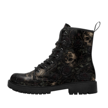 Custom Name Black Rose Skull Combat Boots – Dark Romance Floral Lace-Up Boots for Men & Women 058-6-26007197-009