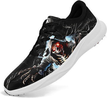 Mens Spikeless Skull Golf Shoes with Auto Vent Sole,Waterproof Slip-Resistant Gothic Punk Rock Style Fashion Golf Shoes