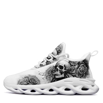 Personalized Gothic Skull Rose Sneakers | Custom Dark Floral Streetwear Running Shoes for Men & Women | Multiple Color Variations White And Black | 2016MS-23002-0013