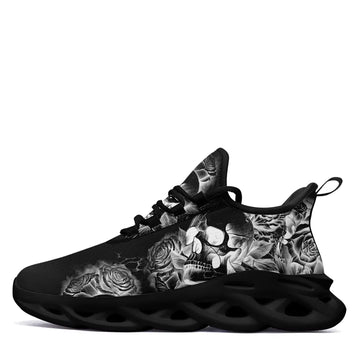 Personalized Gothic Skull Rose Sneakers | Custom Dark Floral Streetwear Running Shoes for Men & Women | Multiple Color Variations White And Black | 2016MS-23002-0013