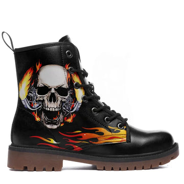 Coolcustomize Mens Black Combat Boots Fashion Cool Lace-Up Skull Rose Ankle Booties Chunky Heel Platform Vegan Leather Boots,058-2302001
