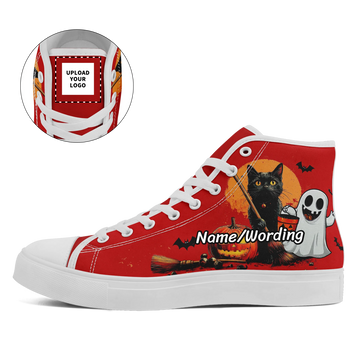 Personalized  Spooky & Safe High Top Sneakers,  Pumpkin, Skull & Bat Print Non-Slip Shoes, Best Gift for Halloween