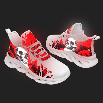 Fluorescent Red Leaf Skull Sneakers: Glow-in-the-Dark Halloween Athletic Shoes FN003-25023077-3