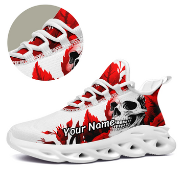 Fluorescent Red Leaf Skull Sneakers: Glow-in-the-Dark Halloween Athletic Shoes FN003-25023077-3