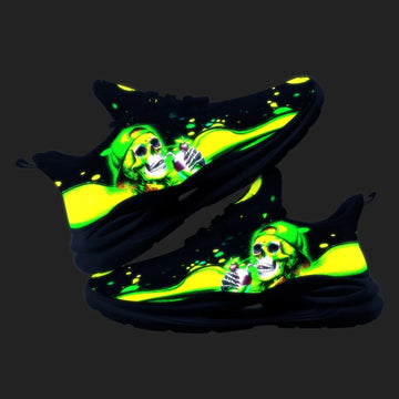 Halloween Fluorescent Green Skull Graffiti Streetwear Sneakers, Luminous Effect Athletic Party Shoes FN079-25023128-B